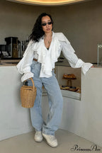 White Ruffled V Neck Flared Sleeve Blouse image 1