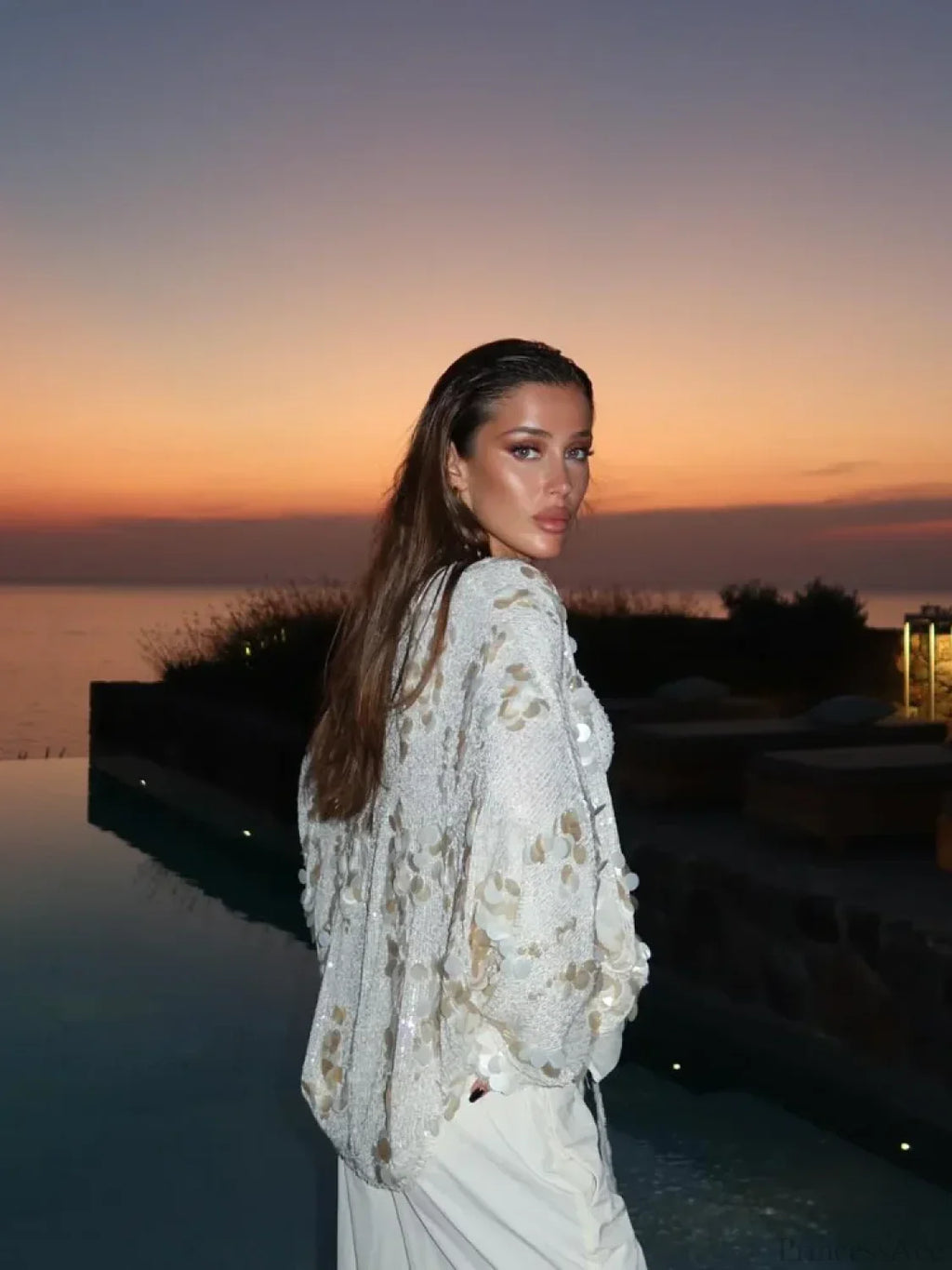 White Sequins Lace-up Shirt Coat image 3