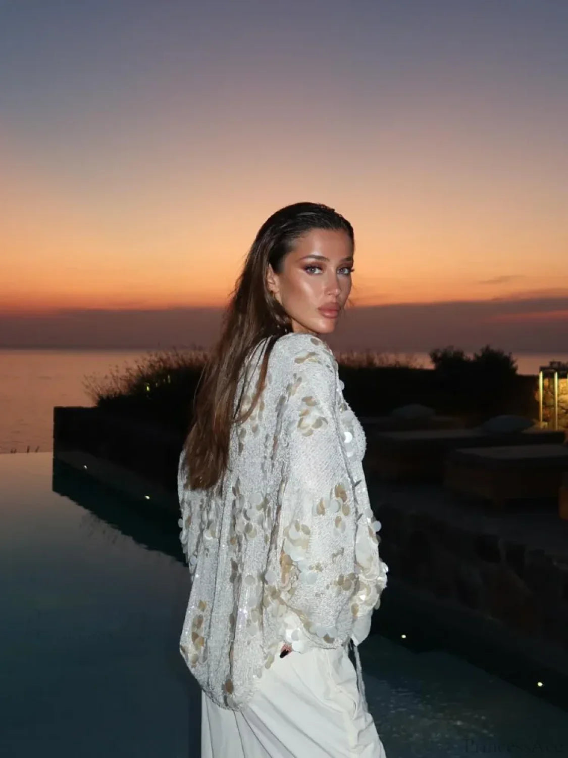 White Sequins Lace-up Shirt Coat image 3