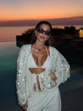 White Sequins Lace-up Shirt Coat image 1
