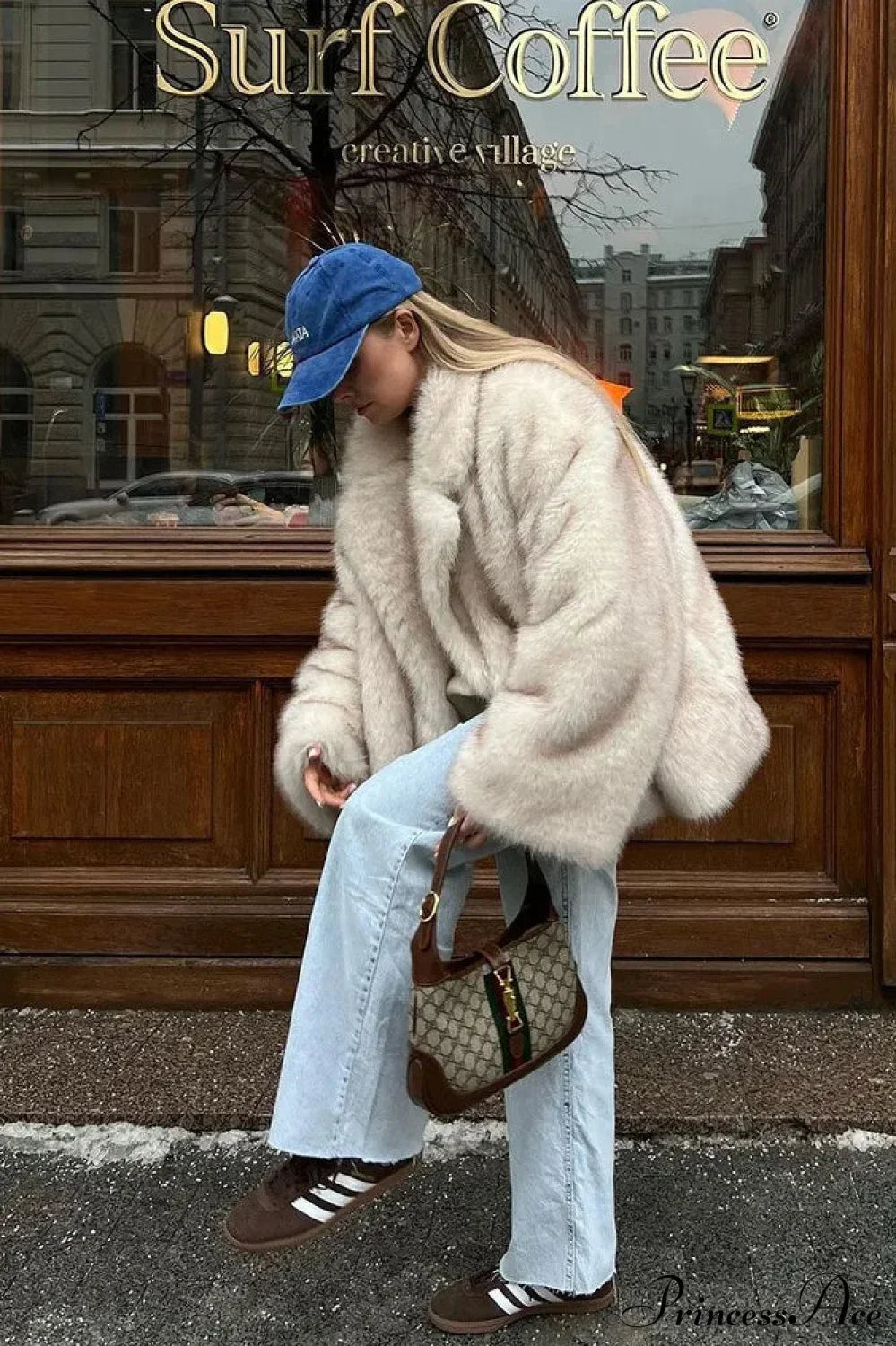 White Tip-Dyed Faux Fox Fur Mid-Length Coat image 6