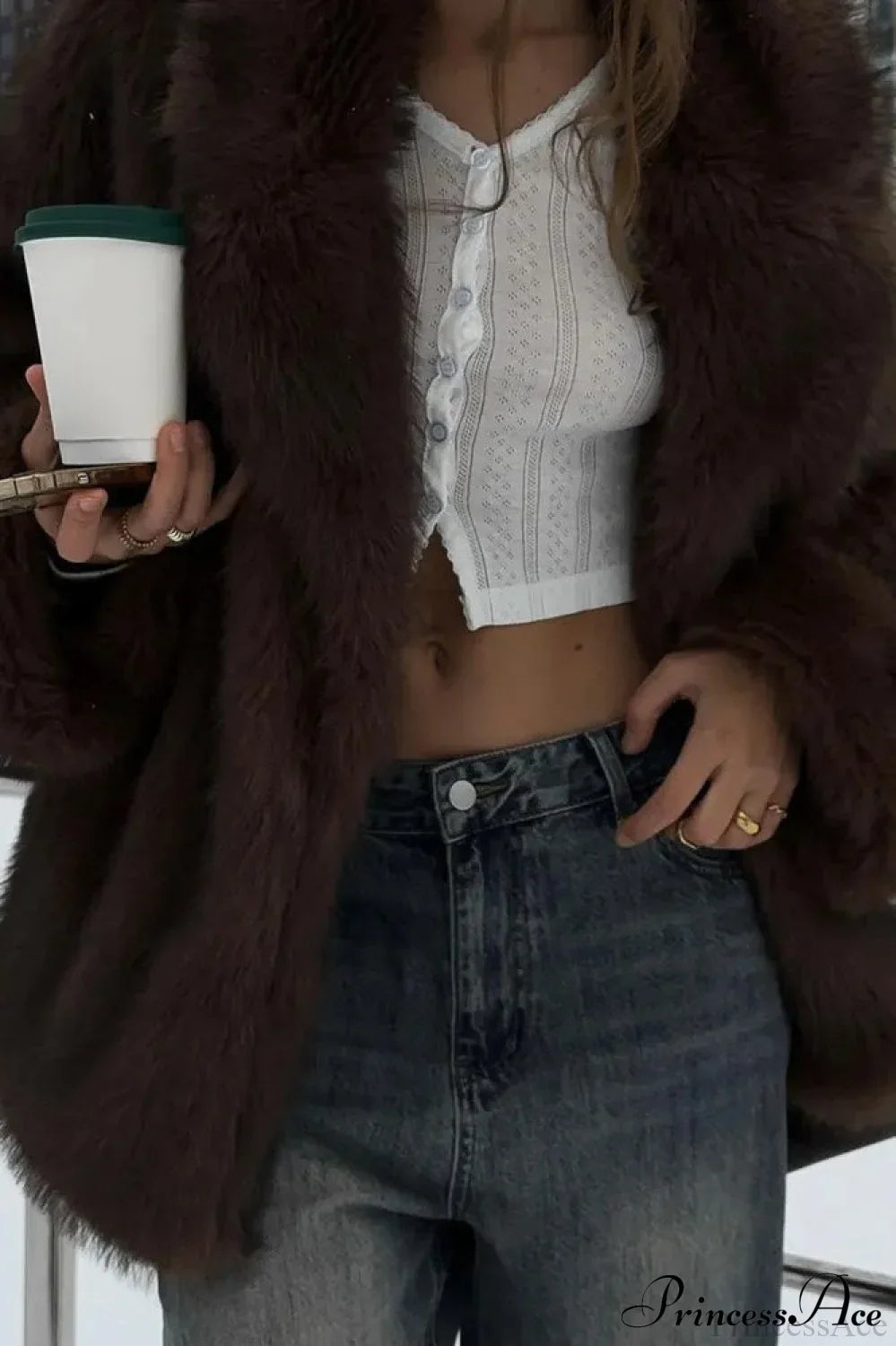 White Tip-Dyed Faux Fox Fur Mid-Length Coat image 11