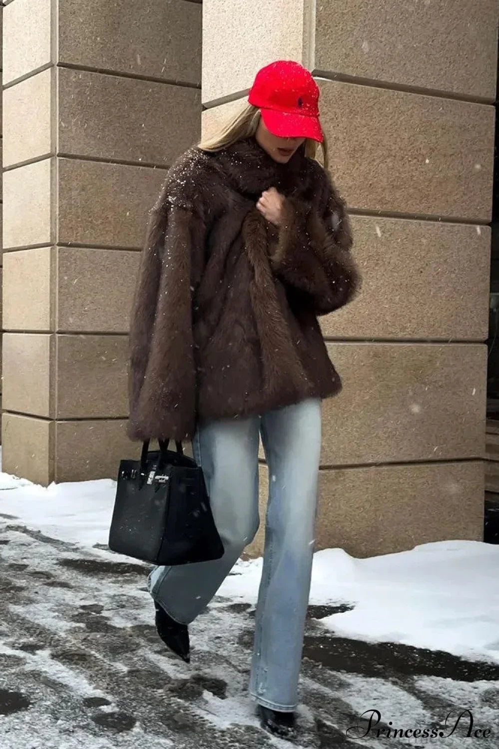 White Tip-Dyed Faux Fox Fur Mid-Length Coat image 9