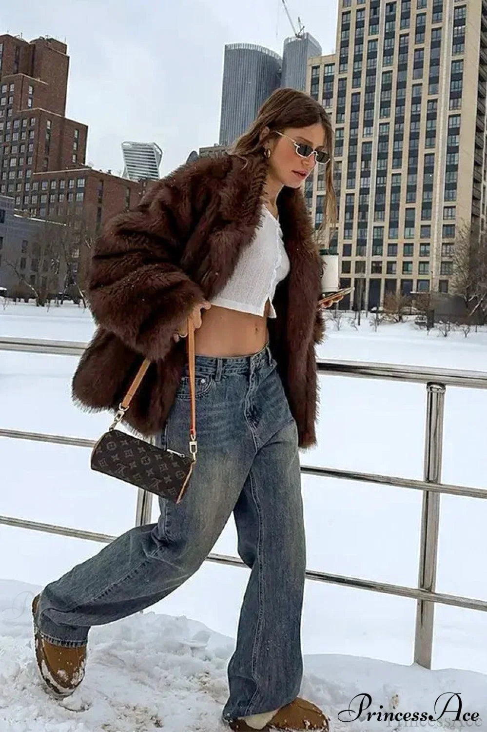 White Tip-Dyed Faux Fox Fur Mid-Length Coat image 10