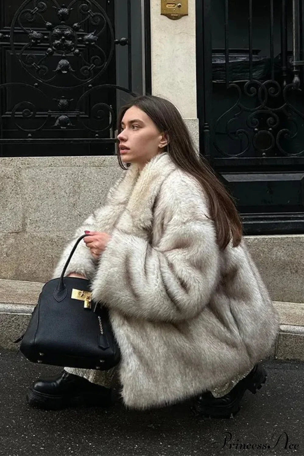 White Tip-Dyed Faux Fox Fur Mid-Length Coat image 3