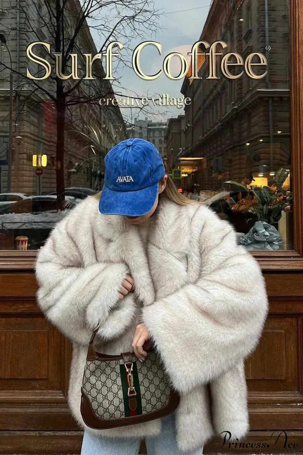 White Tip-Dyed Faux Fox Fur Mid-Length Coat image 4
