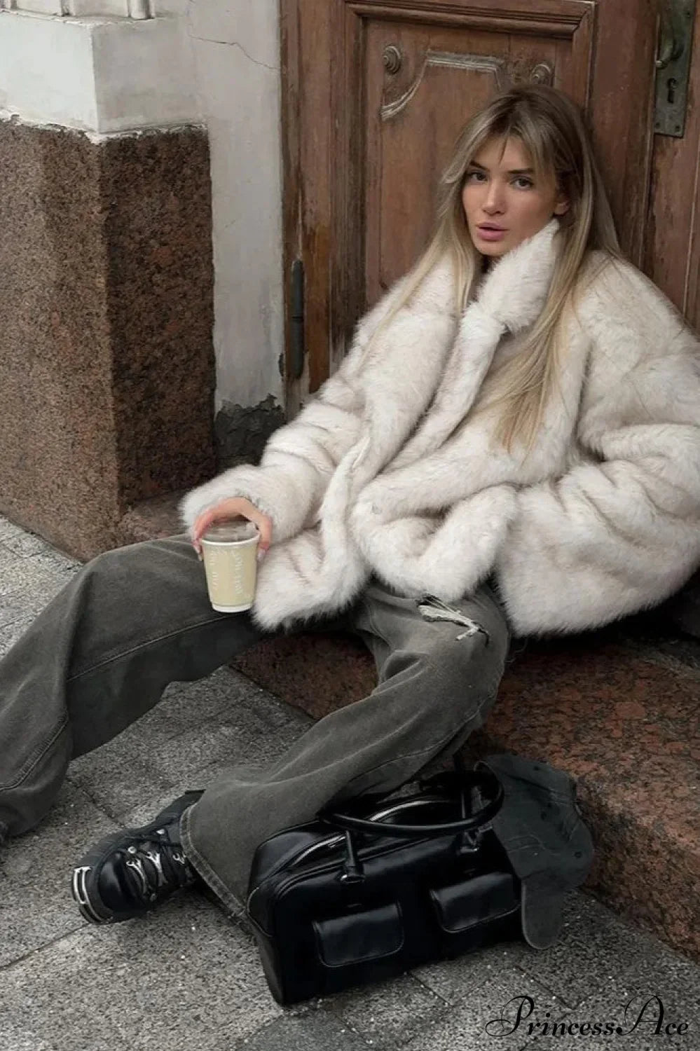 White Tip-Dyed Faux Fox Fur Mid-Length Coat image 1