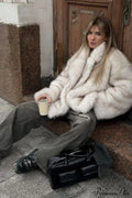 White Tip-Dyed Faux Fox Fur Mid-Length Coat image 1