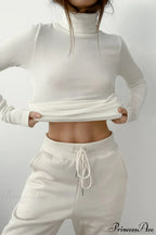 White Turtleneck Slim Knit Long Sleeve Tee image 3