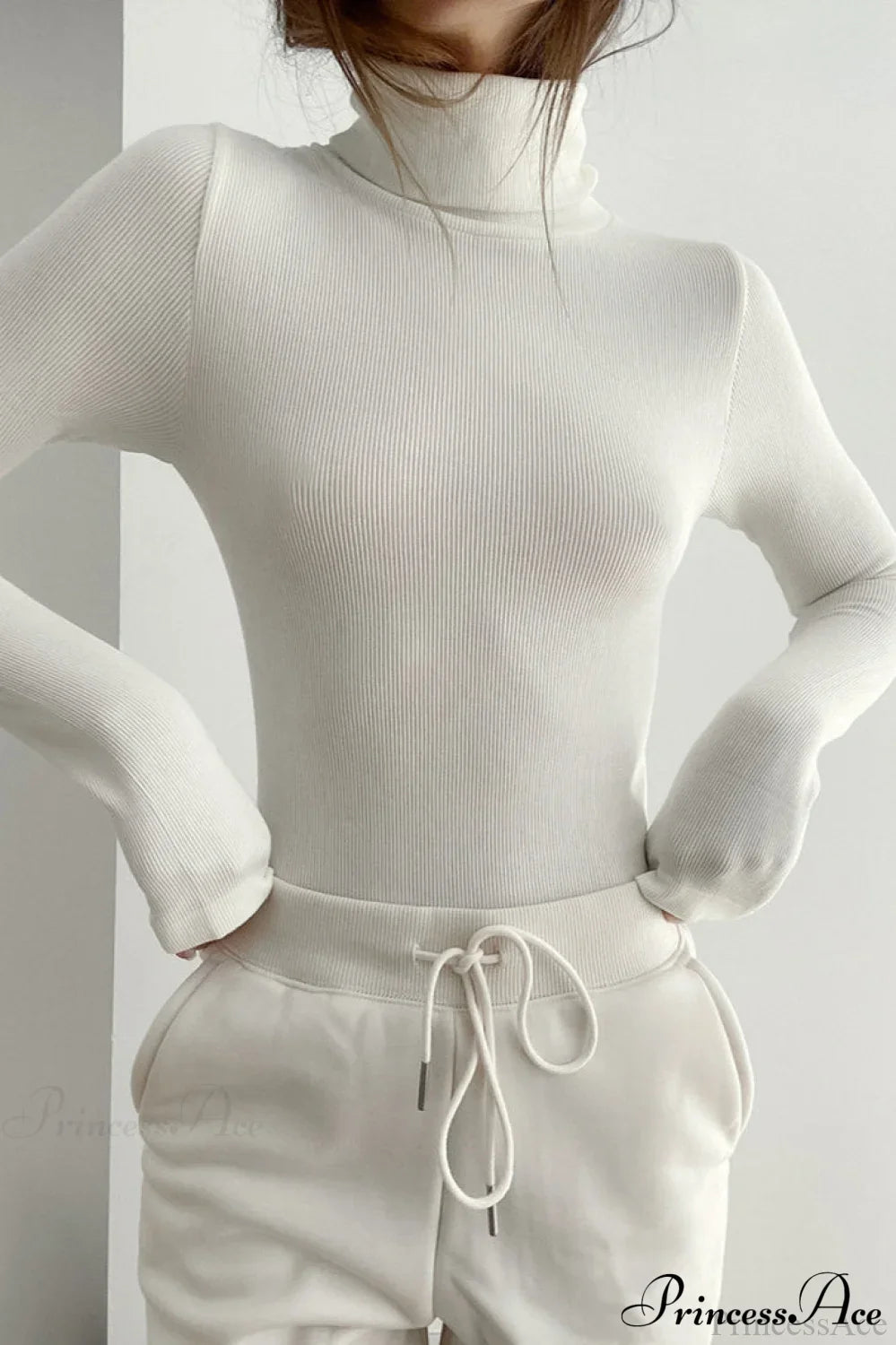 White Turtleneck Slim Knit Long Sleeve Tee image 2