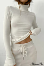 White Turtleneck Slim Knit Long Sleeve Tee image 1