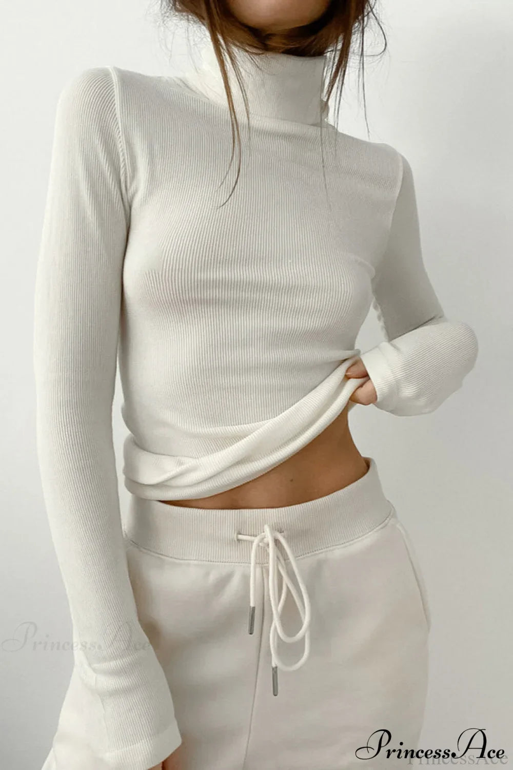 White Turtleneck Slim Knit Long Sleeve Tee image 1