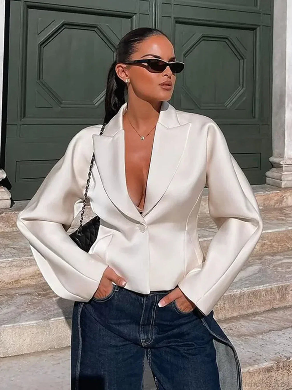 White V-neck Blazer Short Coat image 6