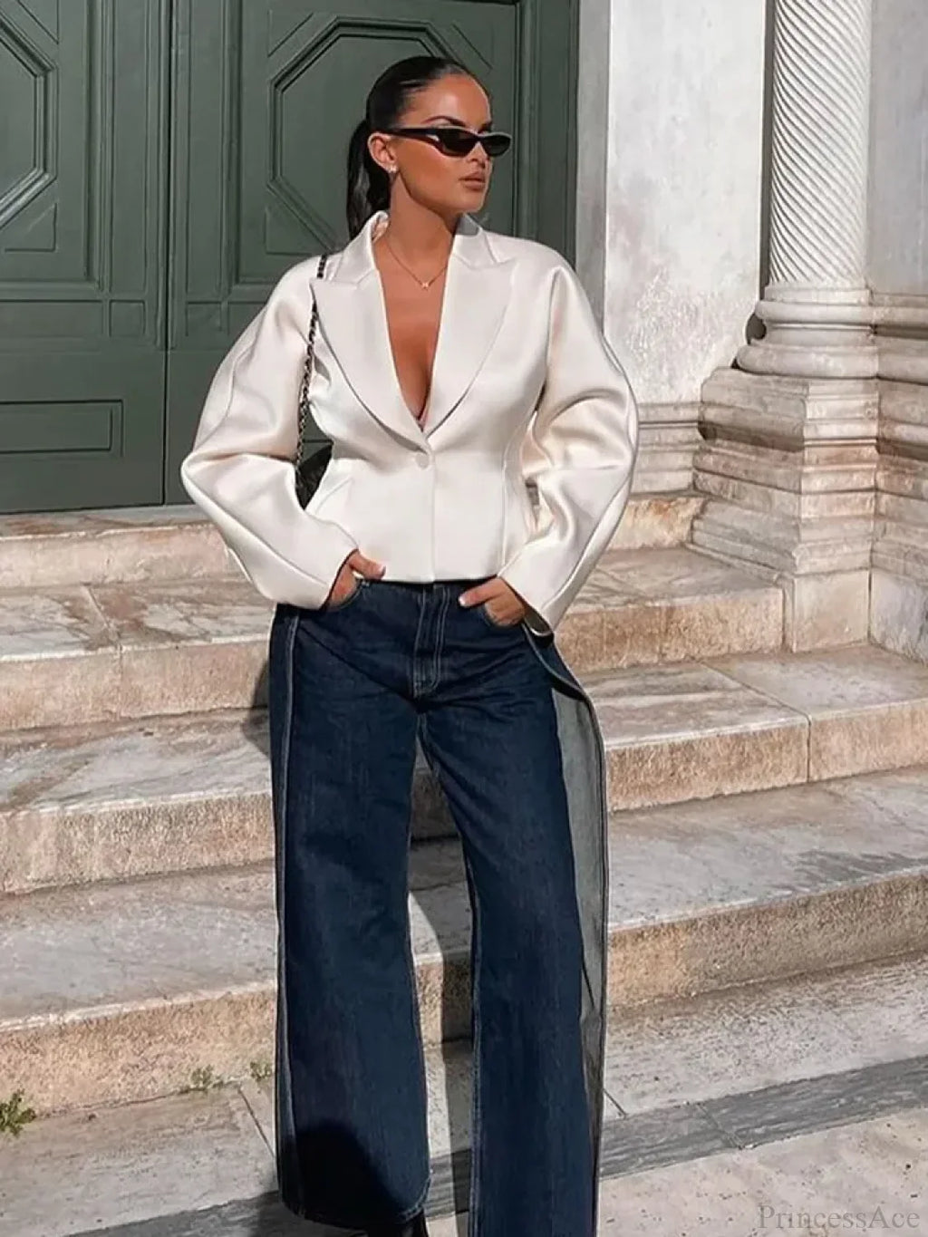 White V-neck Blazer Short Coat image 3