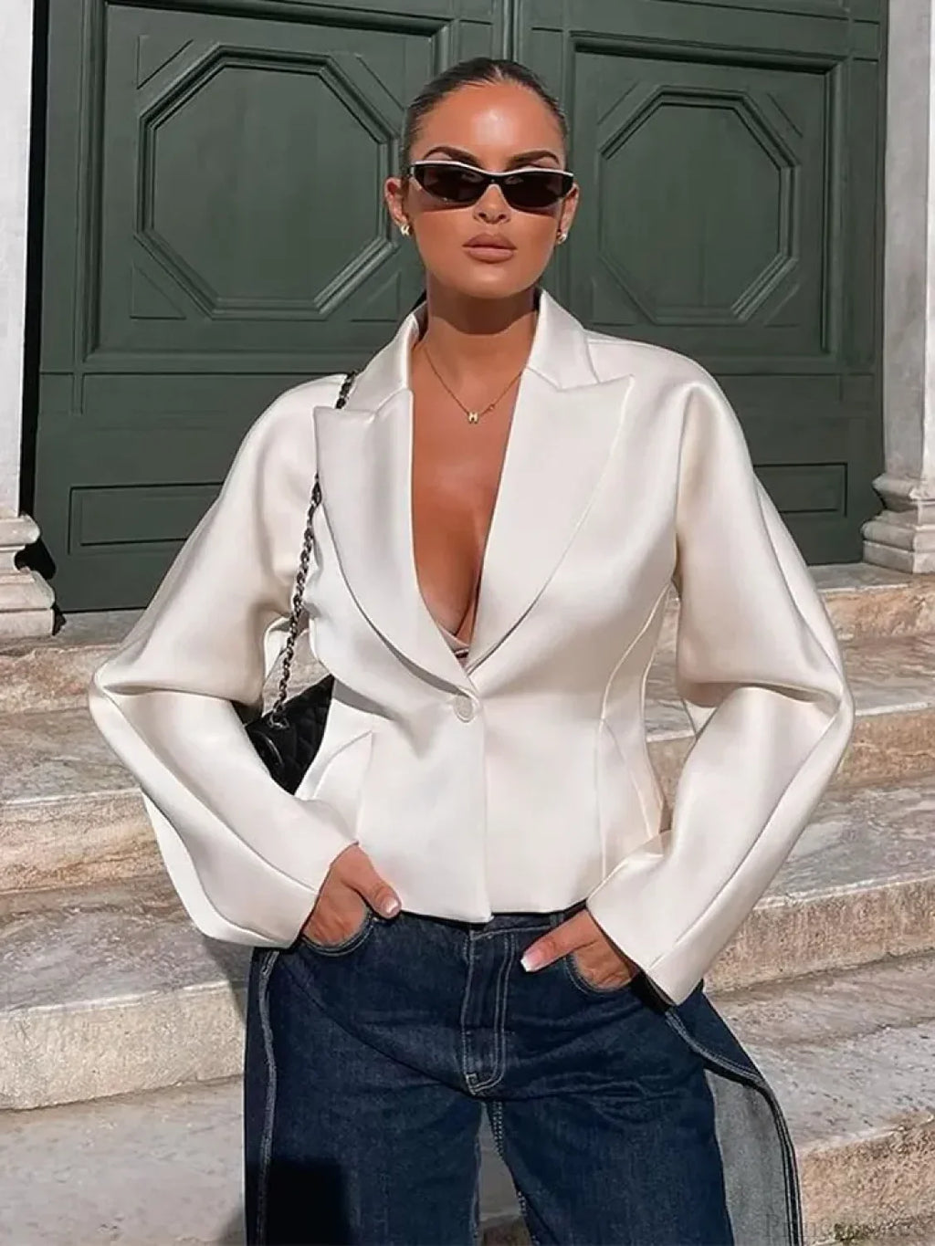 White V-neck Blazer Short Coat image 5