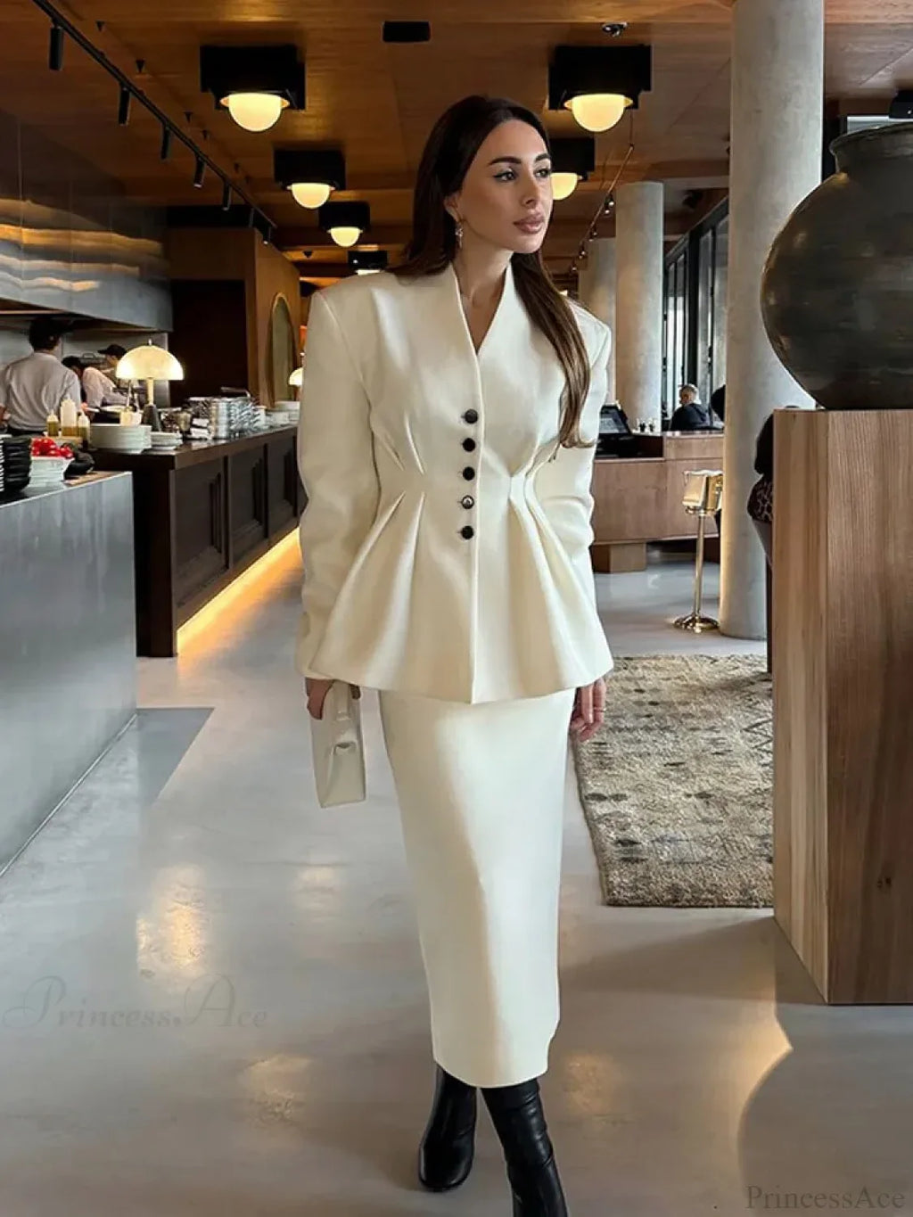 White V-neck Pleated A-line Coat image 1