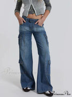 Wide Leg High Waist Patchwork Baggy Cargo Streetwear Y2k Vintage Denim Jean Stylish Loose High Waist Solid Color Casual Wild Wide Leg Multi Pockets Jean New Skinny Elastic Denim High-Waisted European American Style Pack Hip Pencil Jean image 1
