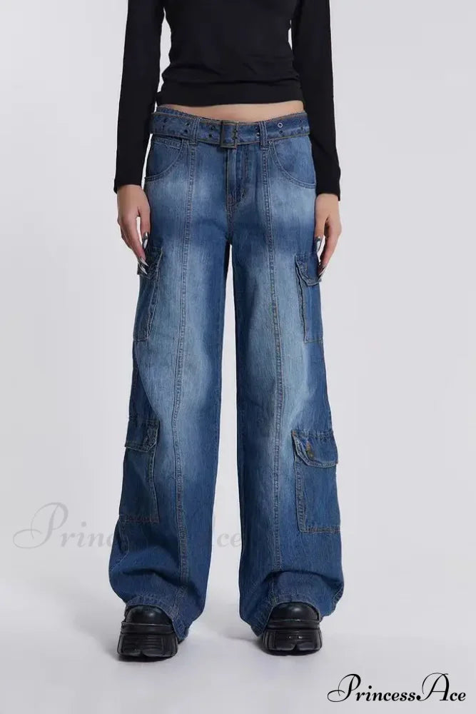 Wide Leg High Waist Patchwork Baggy Cargo Streetwear Y2k Vintage Denim Jean Stylish Loose High Waist Solid Color Casual Wild Wide Leg Multi Pockets Jean New Skinny Elastic Denim High-Waisted European American Style Pack Hip Pencil Jean image 4
