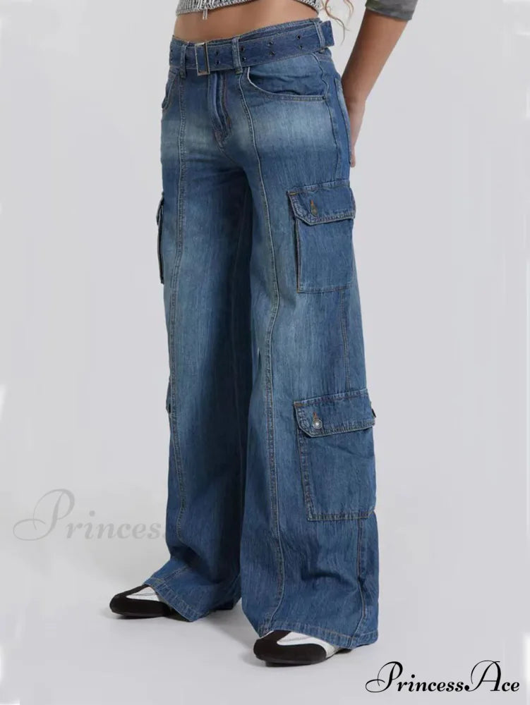 Wide Leg High Waist Patchwork Baggy Cargo Streetwear Y2k Vintage Denim Jean Stylish Loose High Waist Solid Color Casual Wild Wide Leg Multi Pockets Jean New Skinny Elastic Denim High-Waisted European American Style Pack Hip Pencil Jean image 3