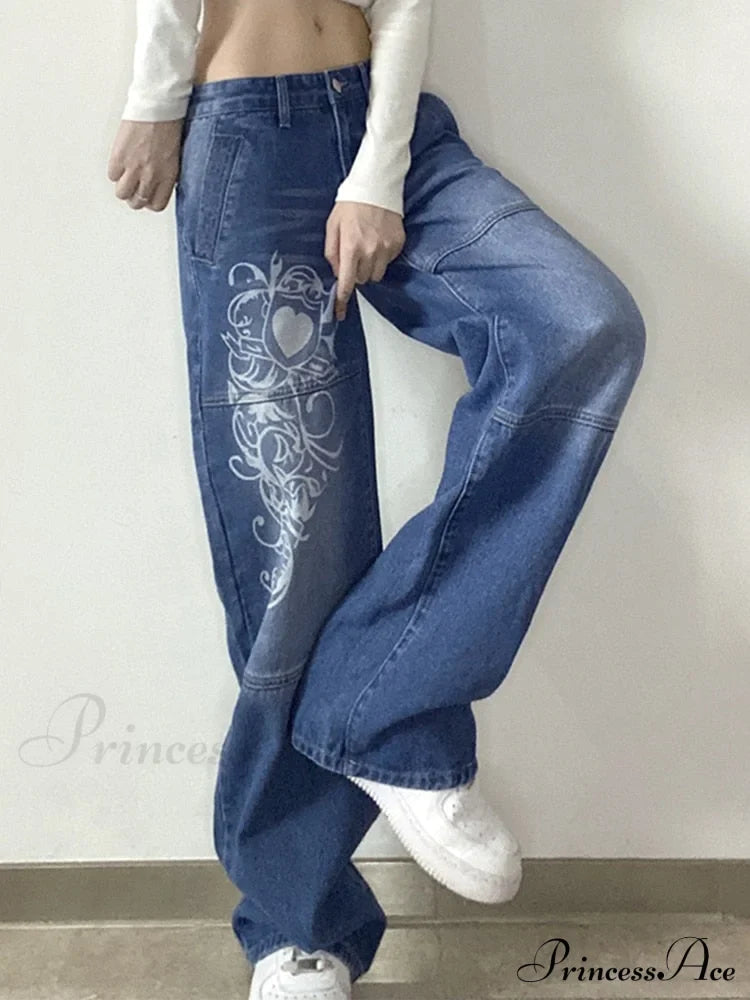 Wide Leg Oversize Y2K Patterned Baggy Winter Cargo Casual Jeans Low Autumn Waist Women's Trousers image 1