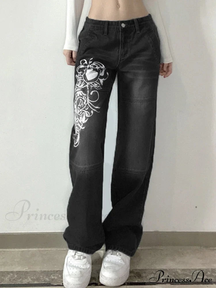 Wide Leg Oversize Y2K Patterned Baggy Winter Cargo Casual Jeans Low Autumn Waist Women's Trousers image 2
