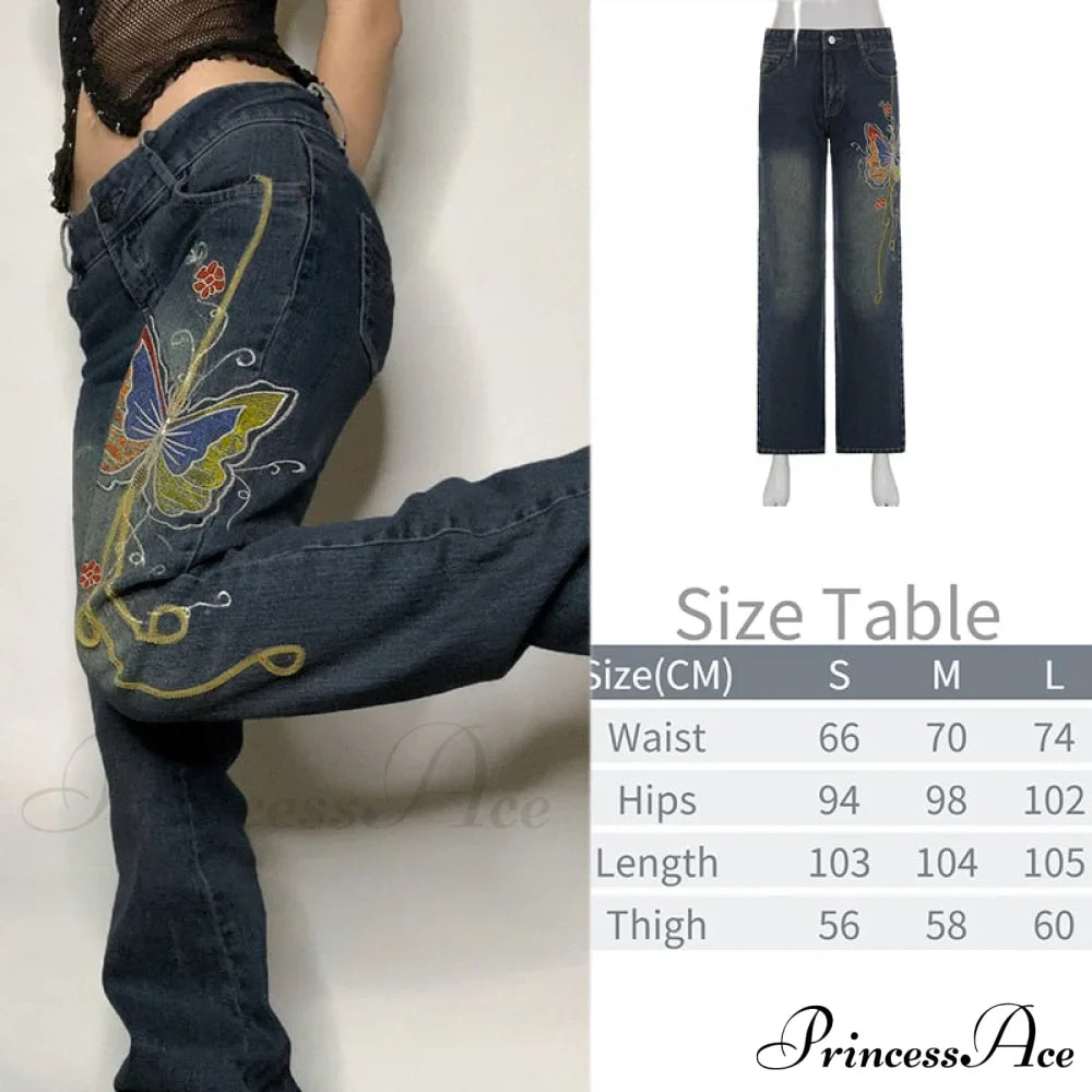 Wide Leg Oversize Y2K Patterned Baggy Winter Cargo Casual Jeans Low Autumn Waist Women's Trousers image 7