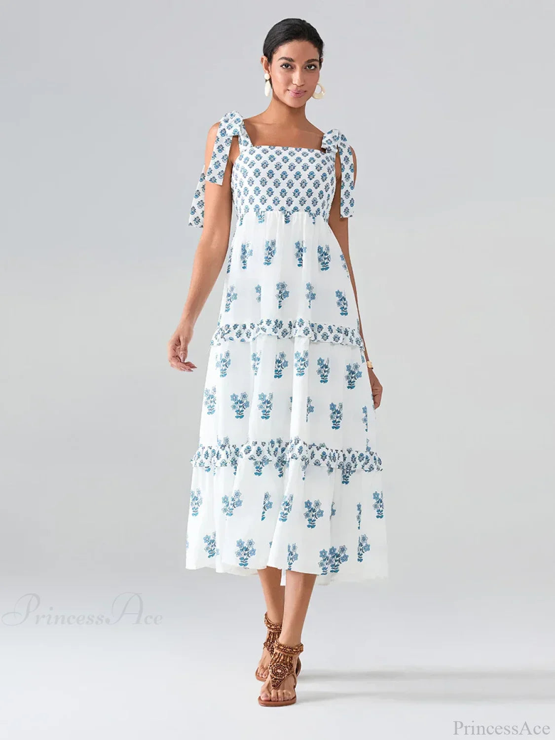 Wide Straps Flowy Floral Bohemian Beach Frill Trim Square Neck A-Line Dress image 7