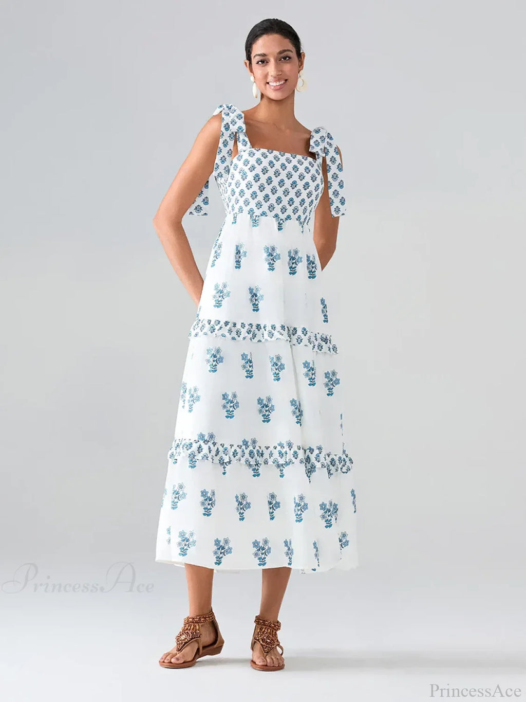 Wide Straps Flowy Floral Bohemian Beach Frill Trim Square Neck A-Line Dress image 2