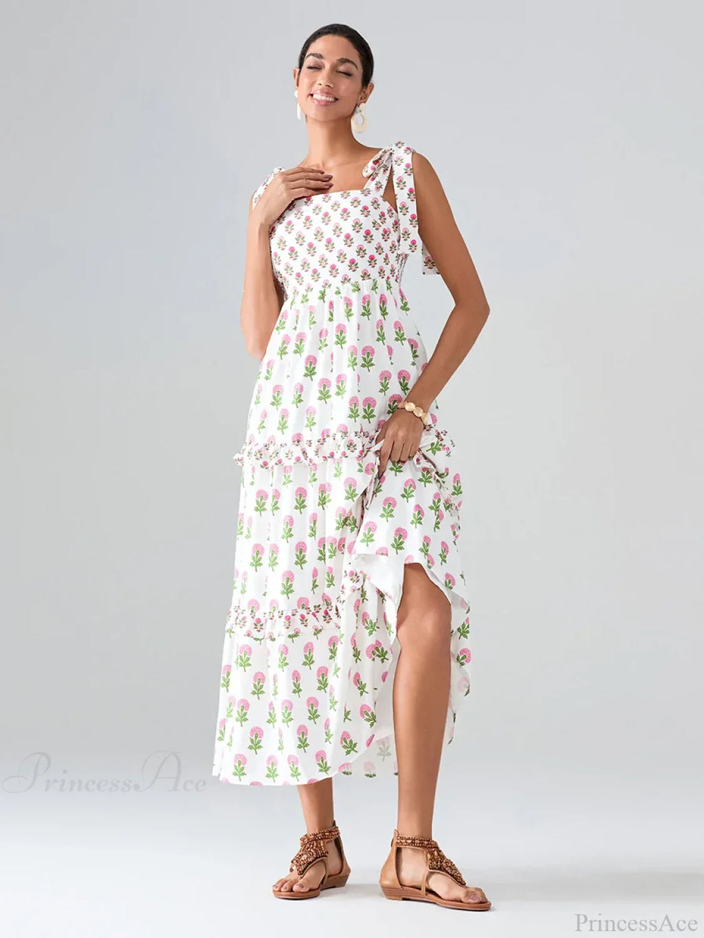 Wide Straps Flowy Floral Bohemian Beach Frill Trim Square Neck A-Line Dress image 3