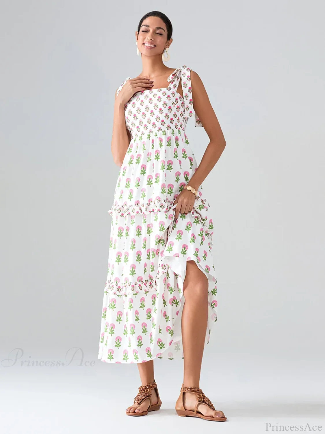 Wide Straps Flowy Floral Bohemian Beach Frill Trim Square Neck A-Line Dress image 3