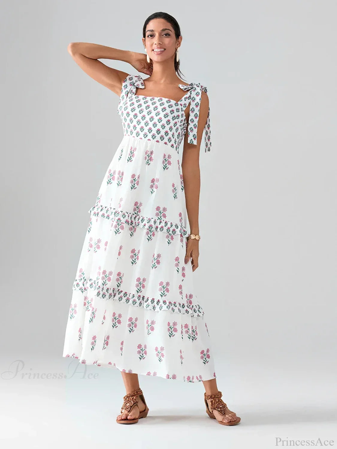 Wide Straps Flowy Floral Bohemian Beach Frill Trim Square Neck A-Line Dress image 1
