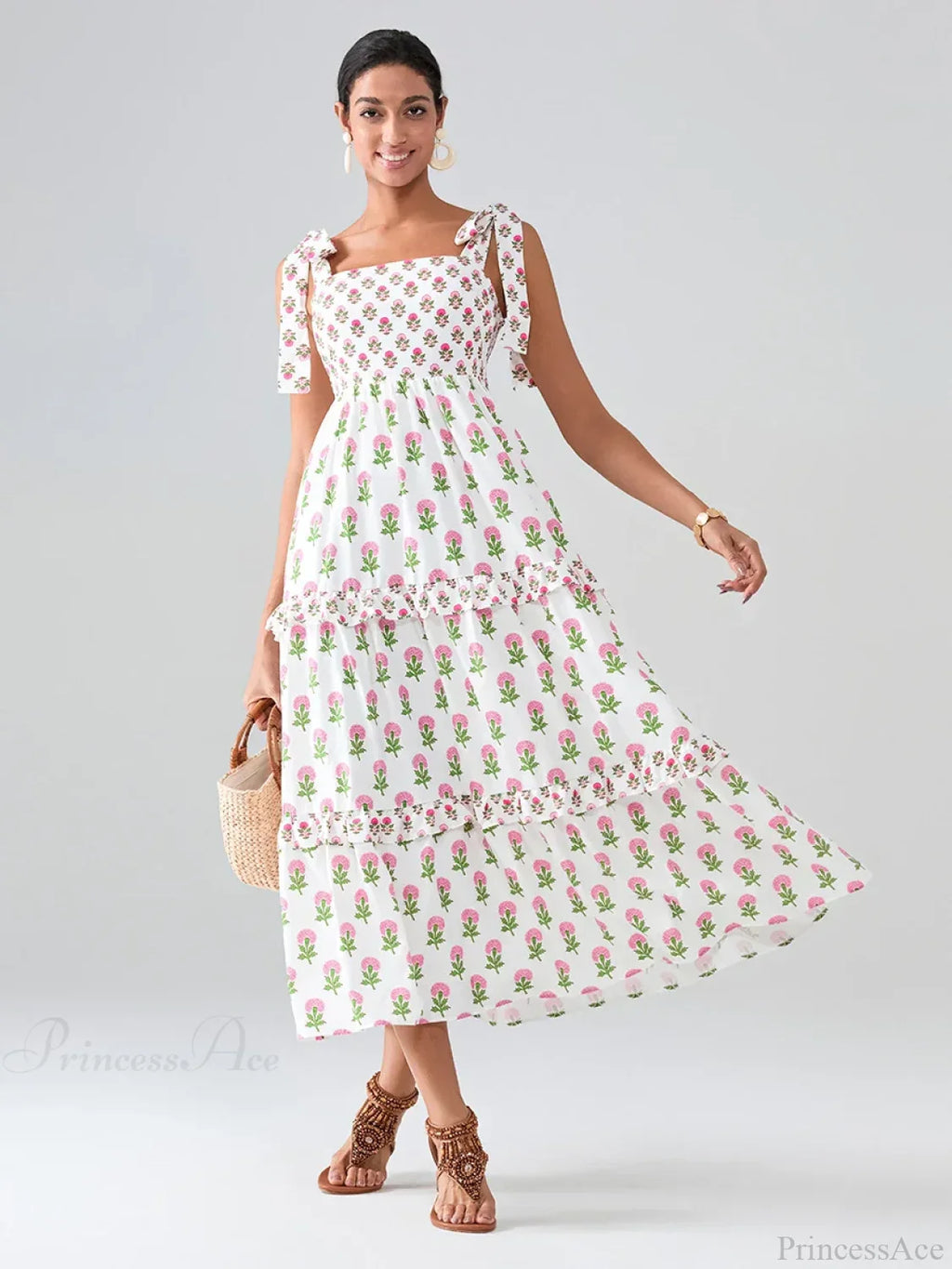 Wide Straps Flowy Floral Bohemian Beach Frill Trim Square Neck A-Line Dress image 8