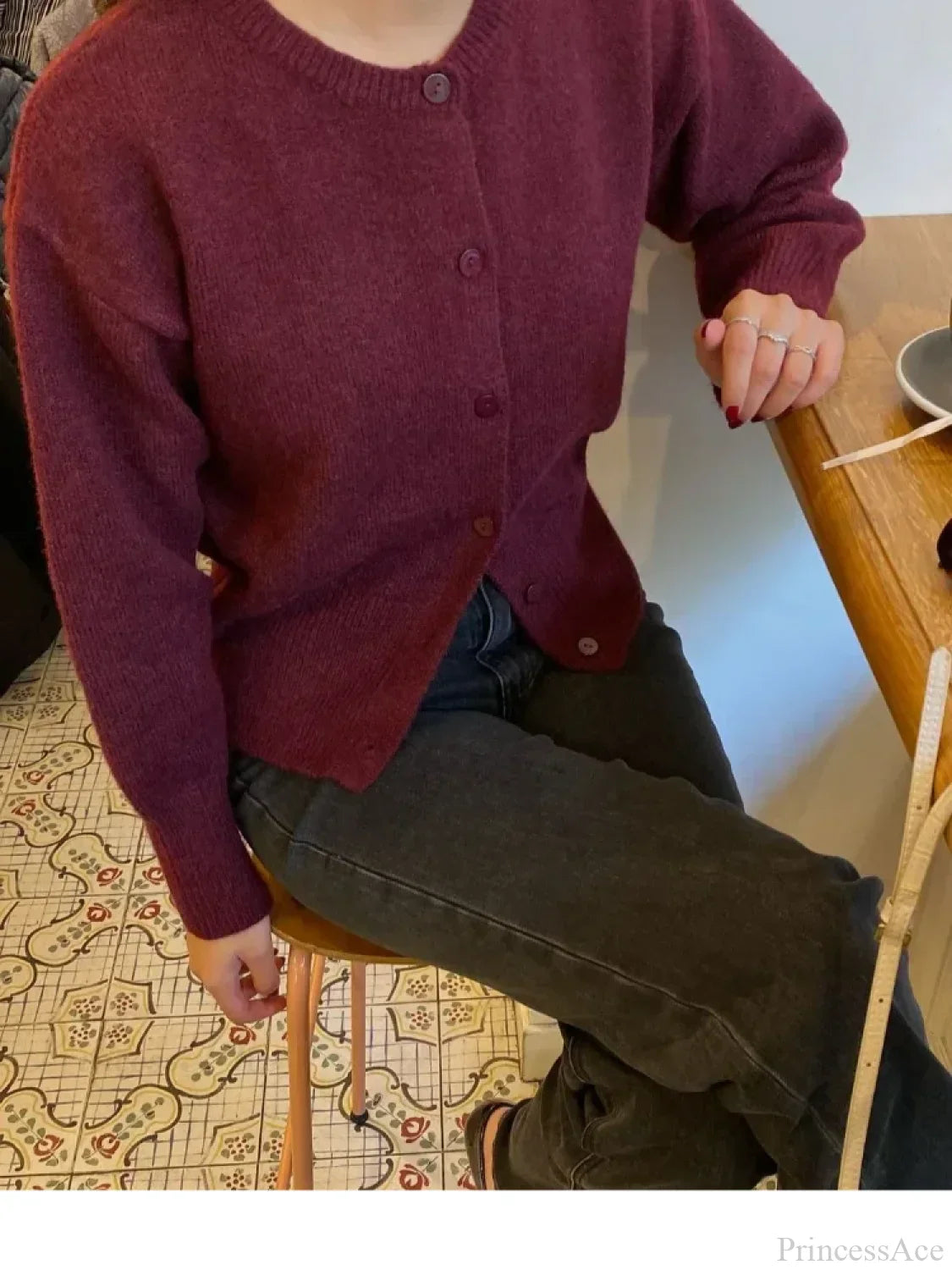 Wine Red Button Round Neck Cardigan image 5