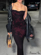 Wine Red Summer Sleeveless Lace Floral Print Backless Slim Ankle-Length Elegant Party Bodycon Dress image 5