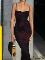 Wine Red Summer Sleeveless Lace Floral Print Backless Slim Ankle-Length Elegant Party Bodycon Dress image 4