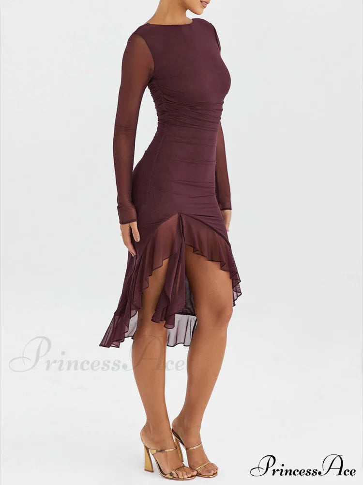 Wine Ruffle Stylish Midi Dress image 5