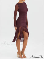 Wine Ruffle Stylish Midi Dress image 5
