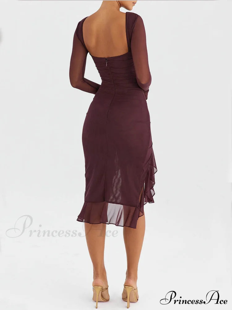 Wine Ruffle Stylish Midi Dress image 7