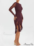 Wine Ruffle Stylish Midi Dress image 6