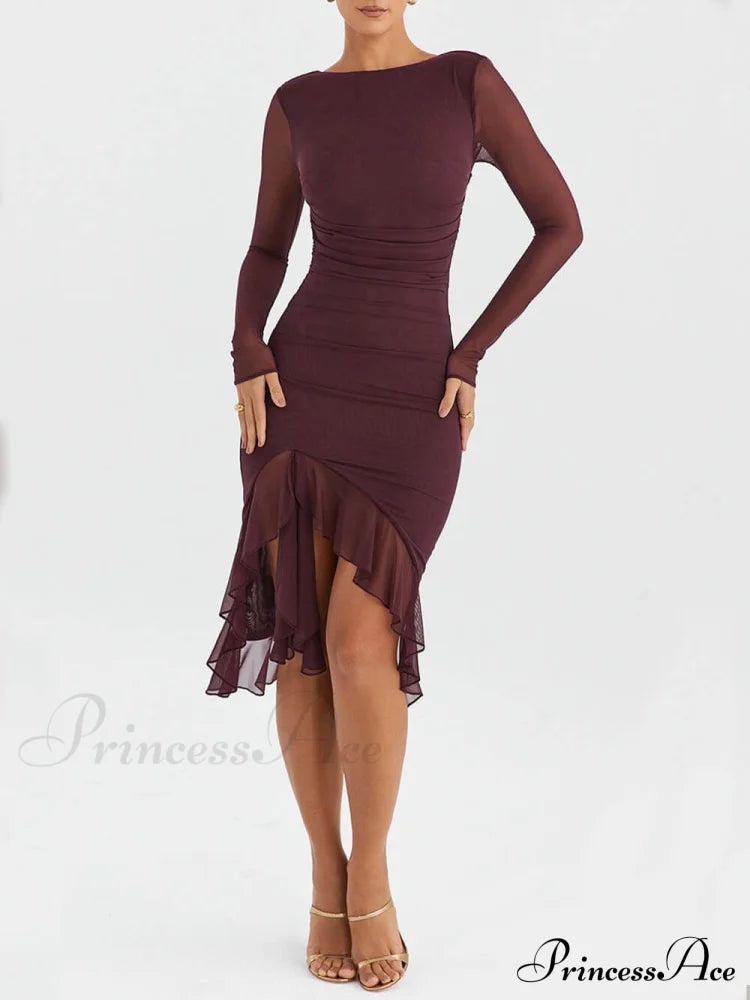 Wine Ruffle Stylish Midi Dress image 1
