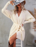 Winter Wrap Dress Women Long Sleeve Office Cardigan Tunic Solid Color image 4