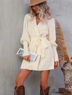 Winter Wrap Dress Women Long Sleeve Office Cardigan Tunic Solid Color image 3