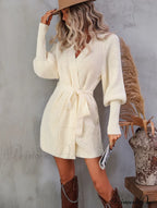 Winter Wrap Dress Women Long Sleeve Office Cardigan Tunic Solid Color image 2