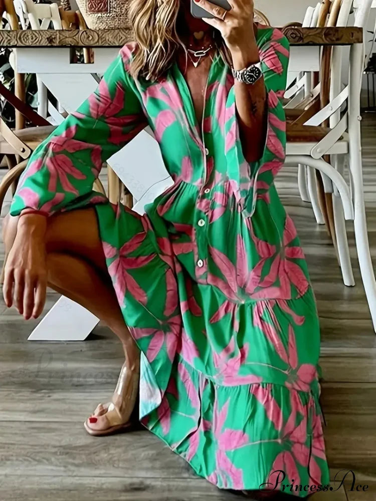 with Arm Long Gown Leaves Full-Length Tiered Print image 6