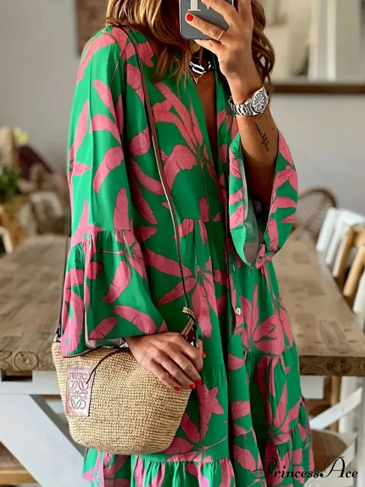 with Arm Long Gown Leaves Full-Length Tiered Print image 4
