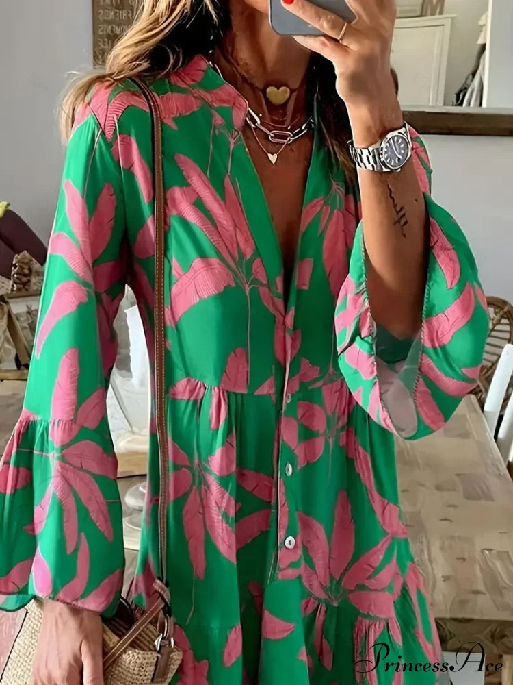 with Arm Long Gown Leaves Full-Length Tiered Print image 1