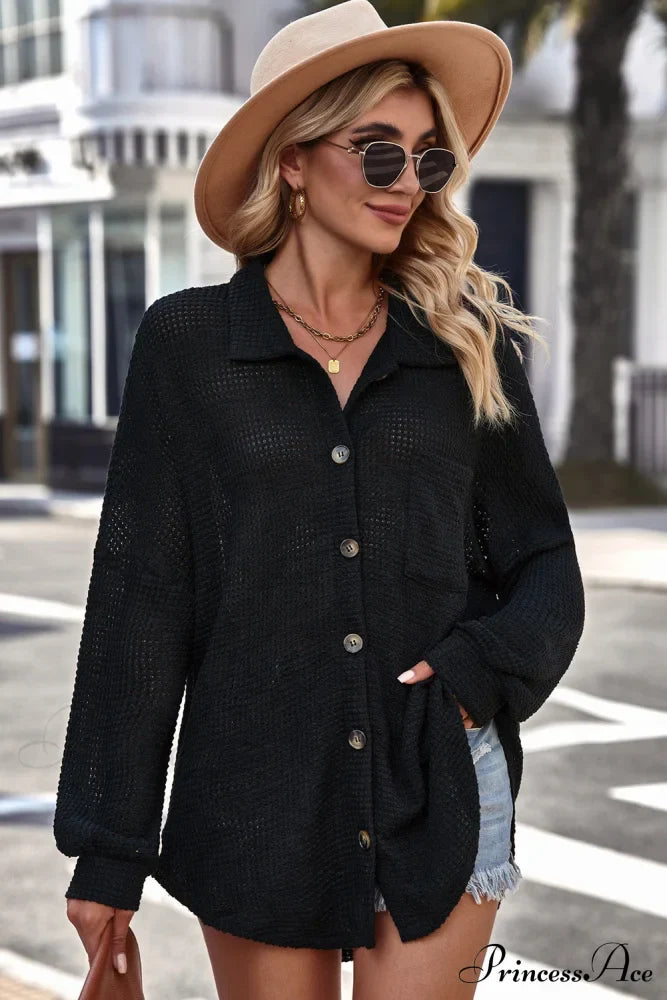 with Blouse Waffle-Knit Dropped Neck Collared Shoulder image 4