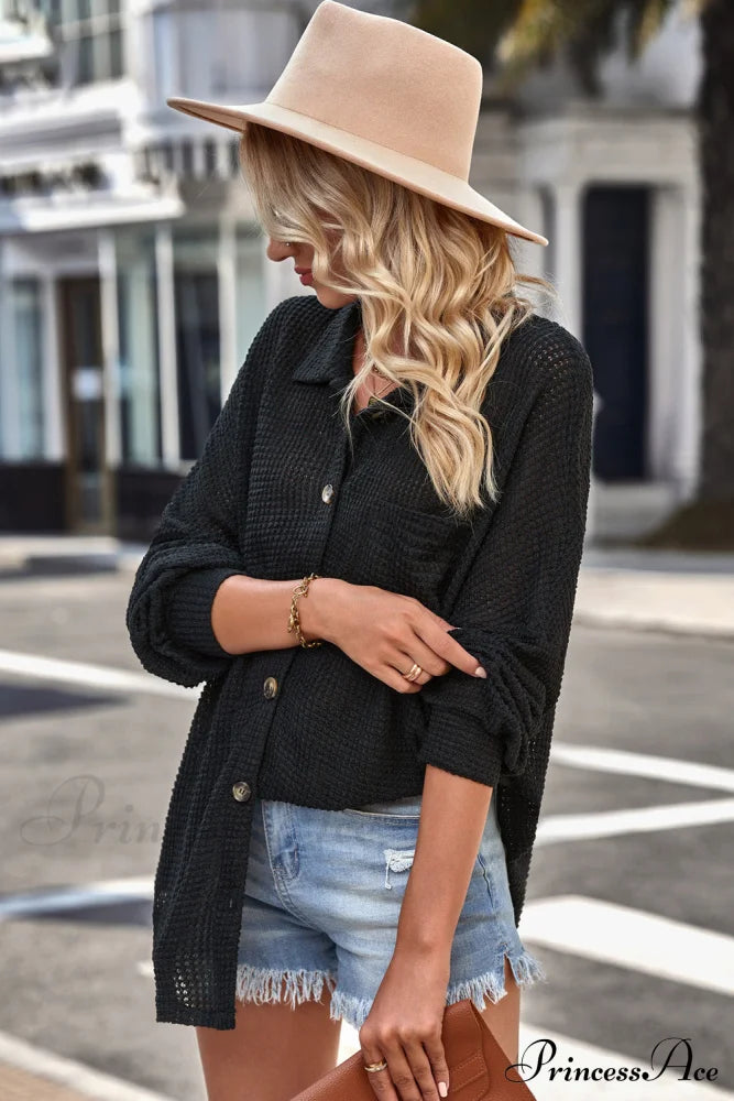 with Blouse Waffle-Knit Dropped Neck Collared Shoulder image 5