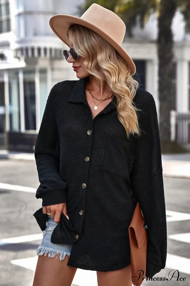 with Blouse Waffle-Knit Dropped Neck Collared Shoulder image 7