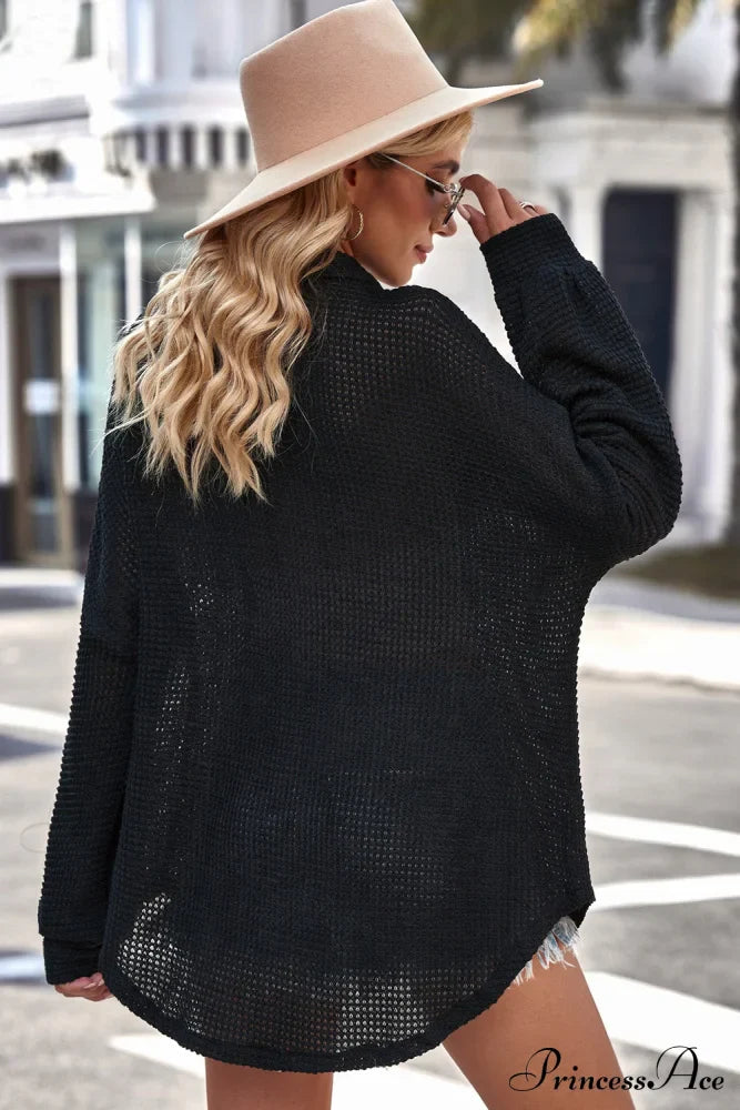 with Blouse Waffle-Knit Dropped Neck Collared Shoulder image 8